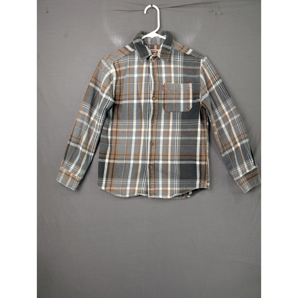 Levi Boys Plaid Flannel Button Down Shirt Brown Grey Size M 10-12